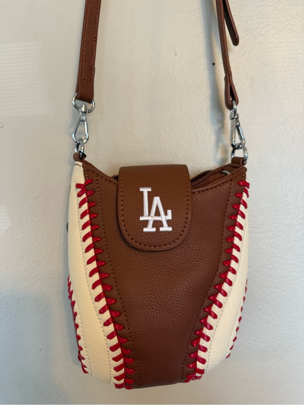 MLB LA Dodgers Brown, Cream & Red Baseball-Stitch Crossbody
